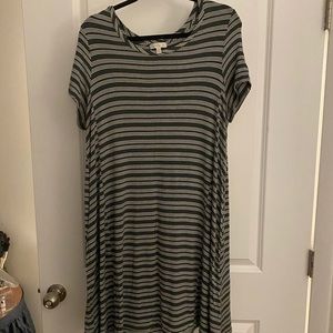 Olive Green and White Striped Casual Dress